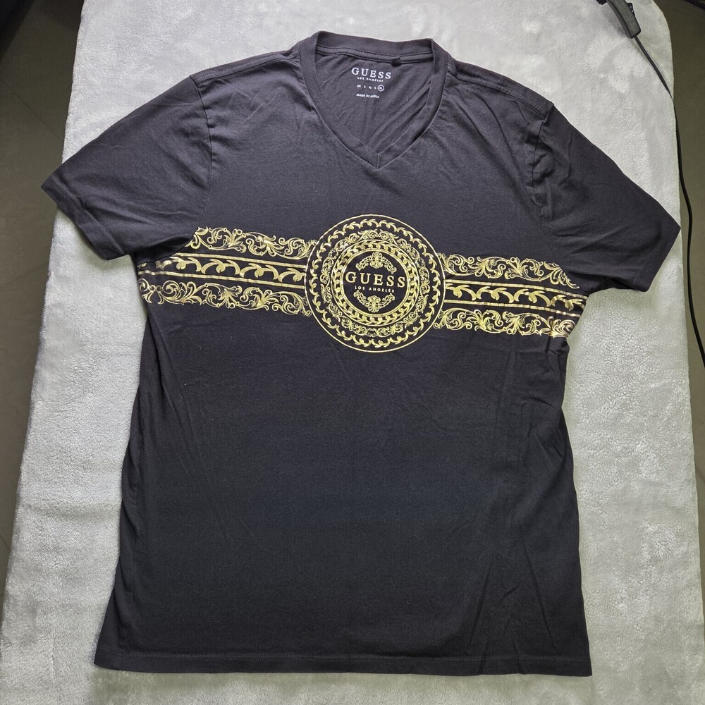 GUESS Men's Black Gold Baroque Medallion V-Neck T-Shirt XL - Picture 2 of 6